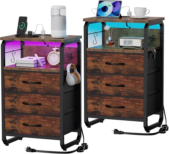 runjuly End Tables Set of 2 with Charging Station, LED Lights, Hooks, Brown | 3 Large Fabric Drawers, USB C Ports & Power Outlets, Metal Night Stand Pair, Storage Nightstand for Living Room / Bedroom