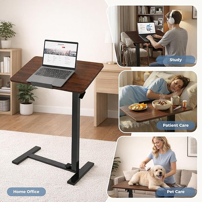 DUMOS Overbed Table with Wheels, Height-Adjustable Bedside Table, Brown | Rolling standing desk with Pneumatic Lift, Portable mobile desk for Bed, Couch, Office, Sofa
