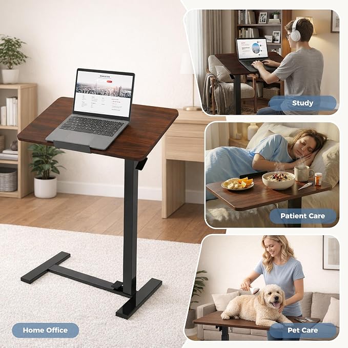 DUMOS Rolling Desk, Laptop Desk, Overbed Table with Wheels | Mobile Overbed Bedside, Portable Computer Workstation, Bed Sofa Couch, Adjustable Height, Chocolate