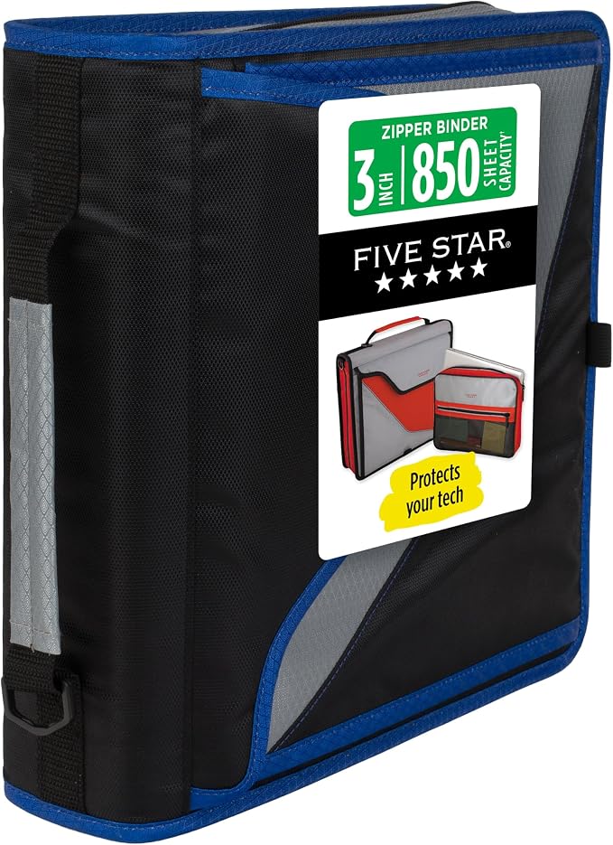 Five Star Zipper Binder, 3-Inch D-Ring Case Binder, 850-Sheet Capacity, Multiple Pockets, Front 5-Tab Expanding File, Removable Padded Case and Shoulder Strap, Urban Eclipse (292960J)