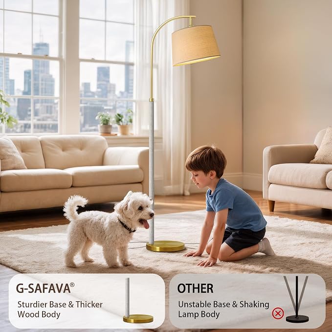 G-SAFAVA Real Wood Floor Lamps for Living Room Bedroom, 62.5" Mid Century Modern Lamp Gold Standing Tall Arc Lamps with Foot Switch, Floor Lamps for Nursery Office Decor Corner Reading Room Light