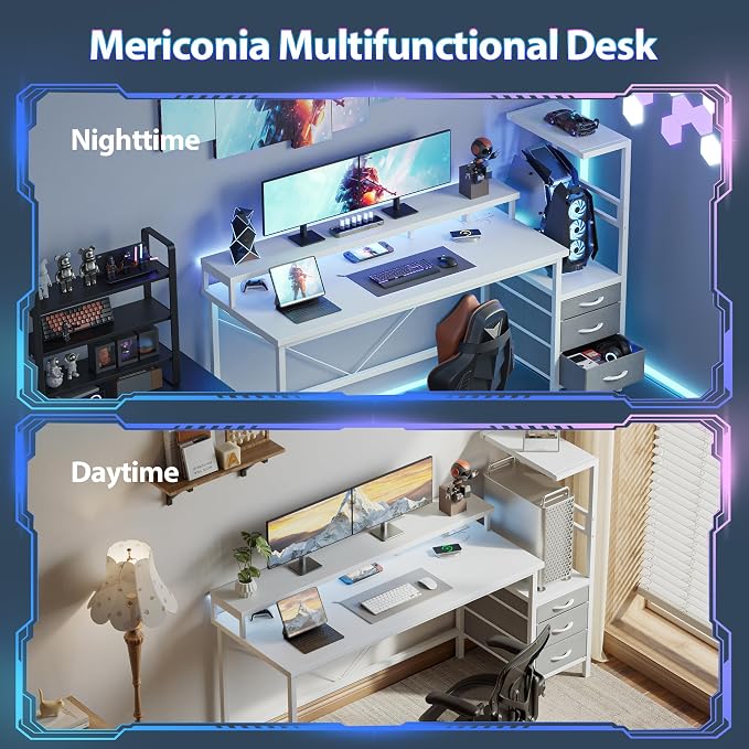 68 inch Gaming Desk with Drawers, Reversible Computer Desk, White | Gamer Desk with LED Lights, Power Outlets & Monitor Stand, Large Office Table for Home Bedroom Study Work Writing