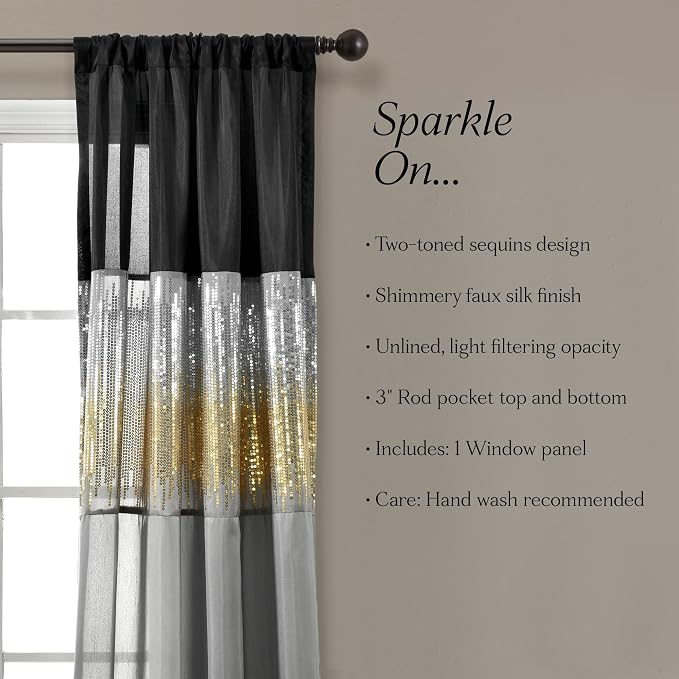 Lush Decor Night Sky Window Curtain Panel, Single 42"W x 84"L Black & Gold - Sequin Backdrop Curtain - Room Darkening Curtains For Bedroom - Glam Decor