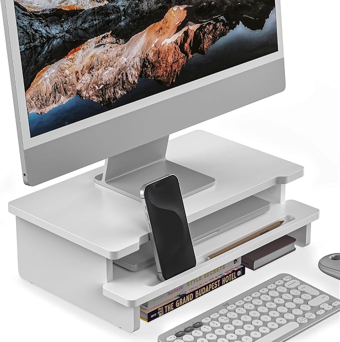 16.5” Bamboo Monitor Stand with Phone & Tablet Holder Desk Shelf | Monitor Riser for 36-48 Inch Desk Cozy Computer Setup Workplace Organizer Keyboard Storage Compact Ergonomic White