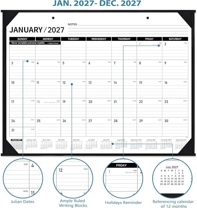 2027 Desk Calendar - JAN. – DEC. 2027, 22" x 17", Large Desk Calendar 2027 | 12 Monthly Large Desk/Wall Calendars 2-in-1, Corner Protector, Desk Pad, Large Ruled Blocks
