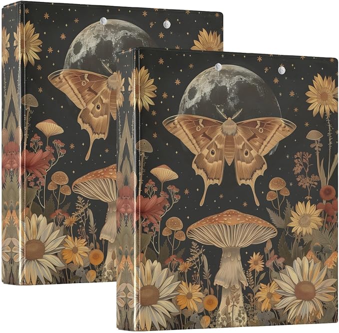 Moth Mushroom Flower Printed 3-Ring Binder for School Office, 1.5 Inch Round Ring Binder for Home Recipe Budget Aesthetic Binder with Pocket Metal Non-Slip Clip Holds 200 Sheets of Paper