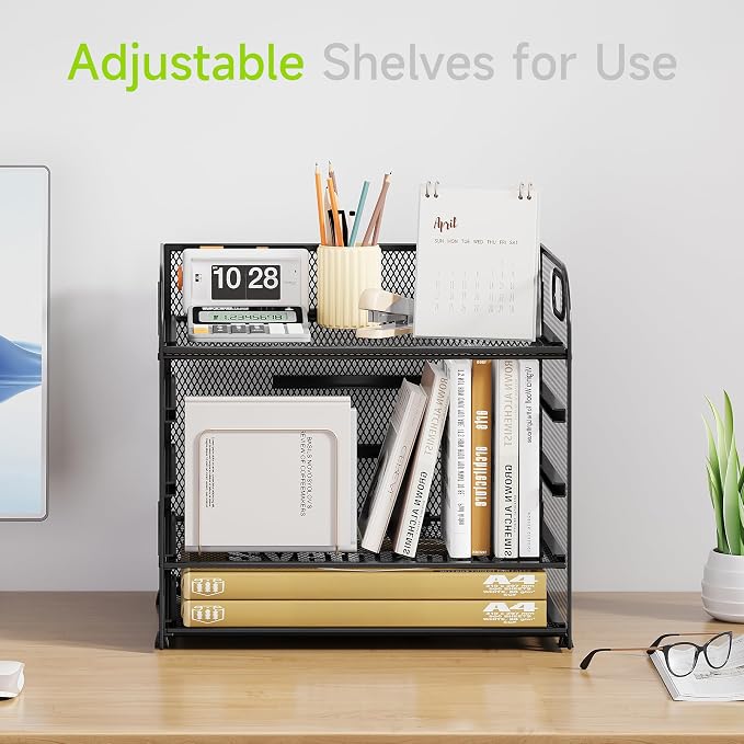 Cawukege 2 Pack 5 Tier Paper Organizer, Letter Tray with Handle, Mesh Desk Organizer, Metal File Organizer, Office Desk Accessories for Home, Office, Classroom, School -Black