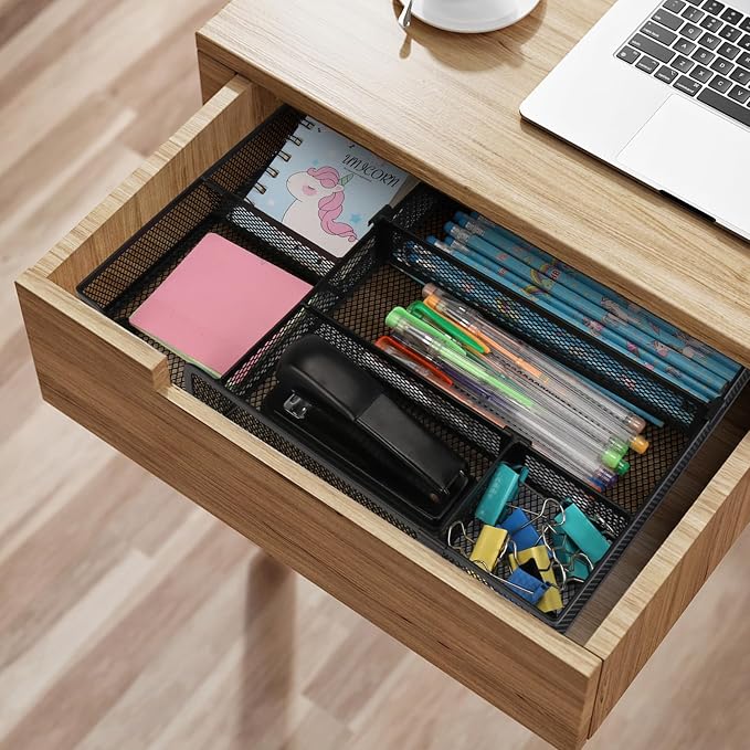 Desk Organizer, Desk Drawer Organizer Tray with Adjustable Dividers, Black Desktop Metal Mesh Office Desk Organizer, Stackable Multifunctional Pen Organizer for Office School Home Makeup Supplies (1)