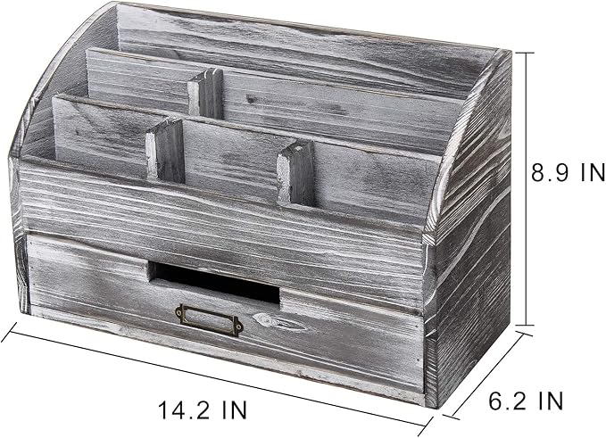 Rustic Wooden Office Desk Organizer 5 Compartment with 2 Drawer &Counter Home Tabletop Desktop Jewelry Mail Rack Storage Box for Pens Notebooks Folders Pencils (Grey white)