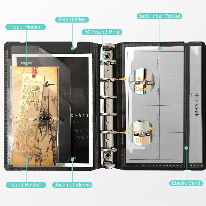 CAGIE 2 Pack A5 & A7 Binder 6 Ring Refillable Notebook, Dividers & Pockets | Daily Hourly Planning Square Ruled and Dotted Pages, Refill Paper Included (Grey, A7 Hourly & A5 Daily)