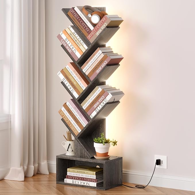 Hoctieon 6 Tier Tree Bookshelf, Tall Bookcase, Freestanding Book Shelf with LED Lights, Display Floor Standing Storage Shelf, Book Organizer Shelves for Home Office, Living Room, Grey