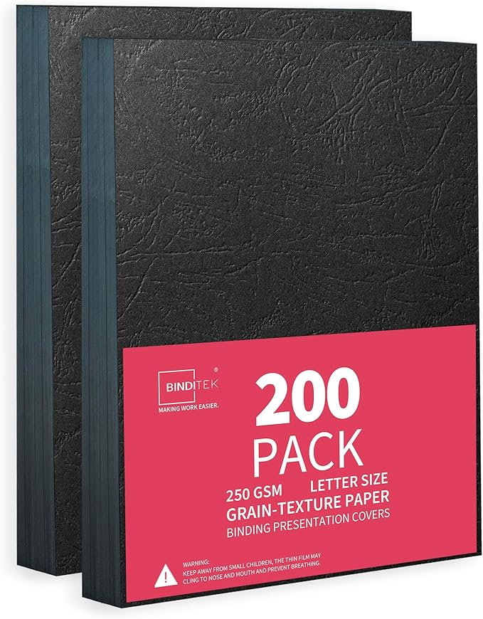 Binditek 13 Mil Grain-Texture Paper Binding Covers, 8.5x11", Black, 200Pack | Paper Binding Covers, 8.5" x 11" Letter Size, 250 GSM, 90 lb, Square Corners, Unpunched, for Business, School Projects