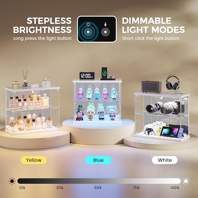 Dystler Glass Display Case with LED Lights, Small 2-Tier for Figures | Lighted Display Cabinet with Motion Sensor, Clear Tempered Glass Door, USB-C Charging Hub for Collectibles, Rocks, Tabletop