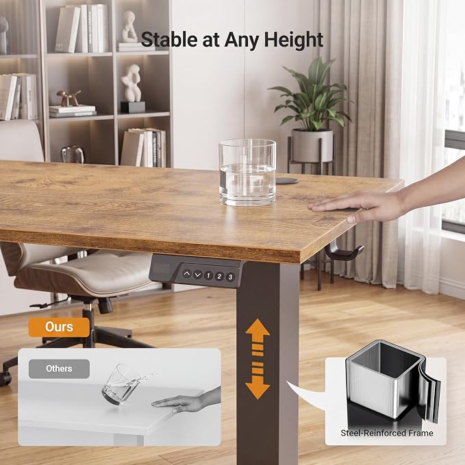 Claiks Electric Height Adjustable Standing Desk, 55x24 Inch, Rustic Brown | Smooth Height Adjustment, 3 Memory Presets, Cable management hub & hook, Stable Steel Frame, 156 lbs Capacity, Easy Assembly