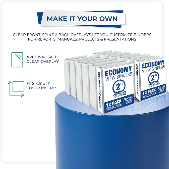 Samsill Economy 2 Inch 3 Ring Binder Bulk Pallet, Round Ring Binder, Customizable Clear View Cover, White, Pallet of 432 Binders in 36 Cartons