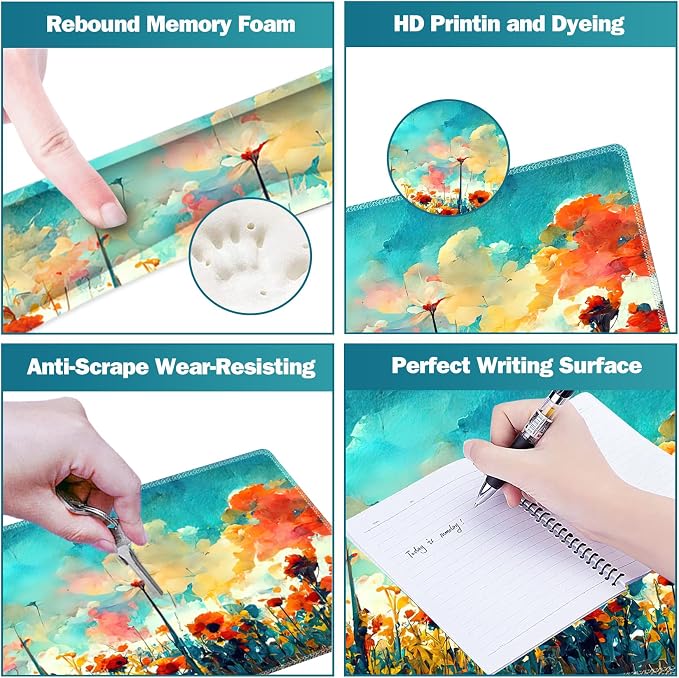 Gaming Mouse Pad Wrist Support Set, XXL Large Desk Mat Mousepad + Keyboard Wrist Support+ Mouse Wrist Rest+Coaster 4in1 Ergonomic, Stitched Edge for Home Office -Oil Painting Flowers Plants