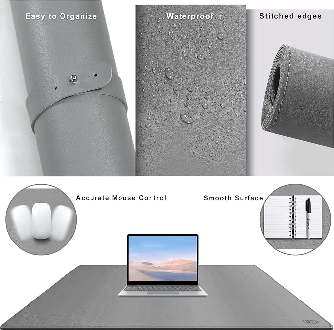 Cacoy 40" x 24" PU Leather Moues Pad for Desk, XXL Large Computer Desk Pad Blotters for Keyboard and Mouse, Waterproof Desk Mat Protector for Office and Home (Grey)