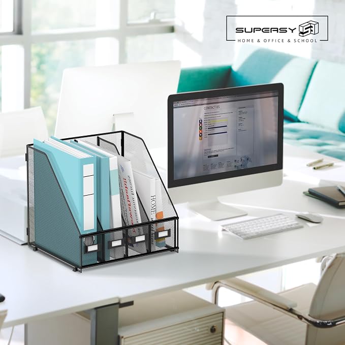 4-Compartment Magazine File Holder and File Organizer for Desk, Black | Metal Magazine Holder and Magazine File Holder, 4-Compartment File Organizer for Binders Folders Magazines and Paper