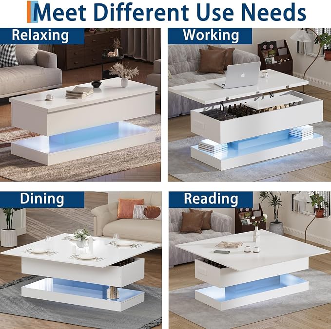 GarveeHome 47.2 Inch Large Lift Top Coffee Table Modern High Glossy LED Storage Table with Remote Control for Living Room Dining Room Home Office White 47.2" l*19.29" w*17.72" h