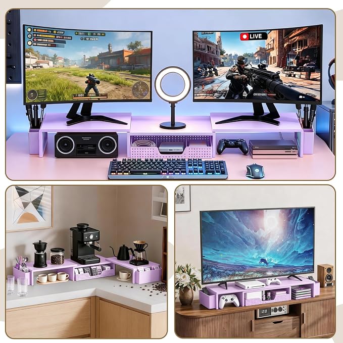 LEKETREE Dual Monitor Stand Riser with Drawer, Desk Organizer and Accessories, Monitor Stand for Desk, Desktop Stand for Computer, Laptop, TV and More (Purple)