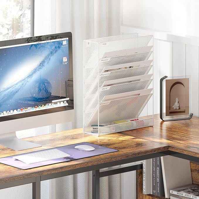 EasyPAG 5 Tier Wall File Holder, Mesh Hanging Folder Organizer with Classify Label, Versatile Desk File Holder, Vertical Wall Mounted Mail Organizer for Office Home Cubicle, White
