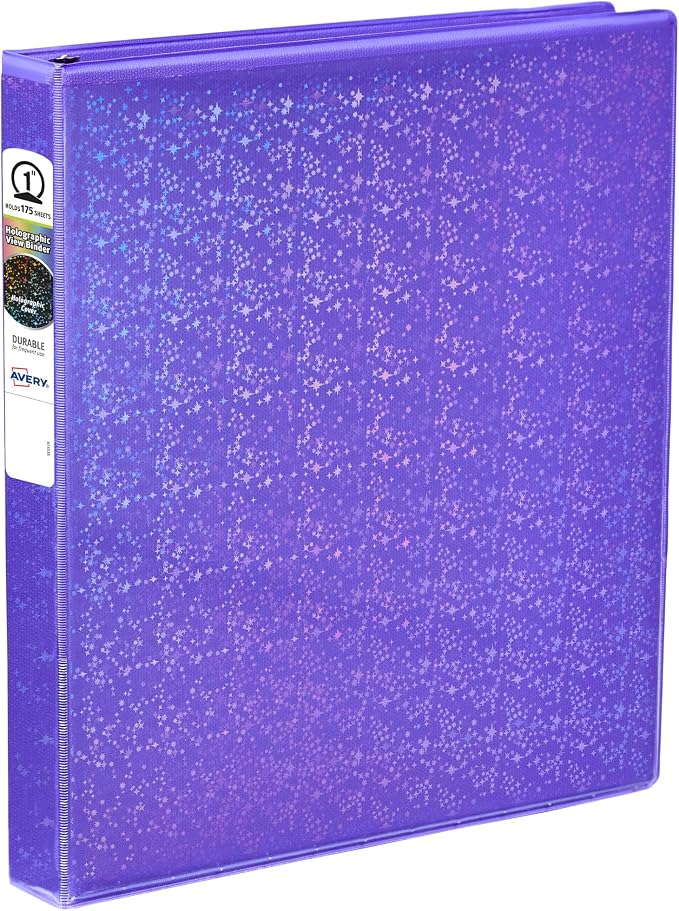 Avery® Holographic 3 Ring Binder, 1" Round Rings, 1 Violet Binder | For School, Home and Project Organization, Holographic 3D Rainbow Cover, Customizable Insertable Spine, Nonstick Pockets