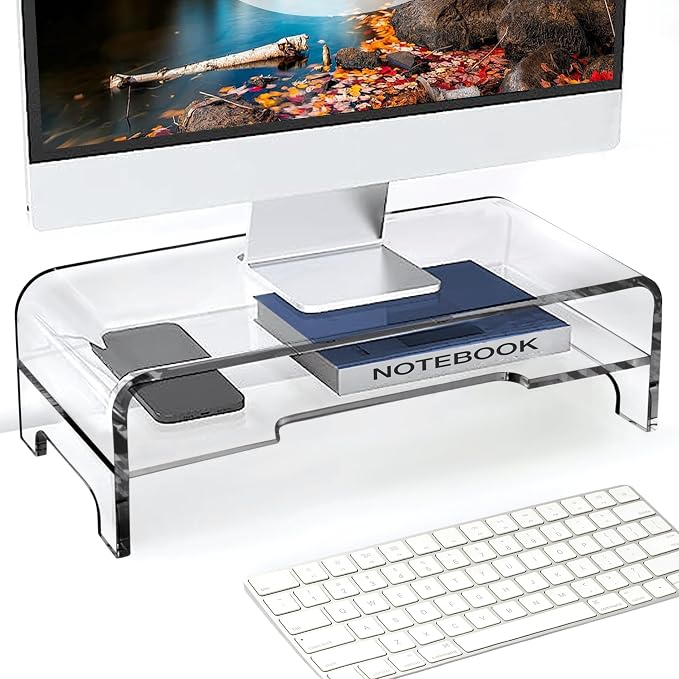 AMT Clear Acrylic Monitor Stand Riser 2 Tier, 5.5 Inches High Clear Computer Desk Organizer Shelf for Multi Media PC Storage Laptop