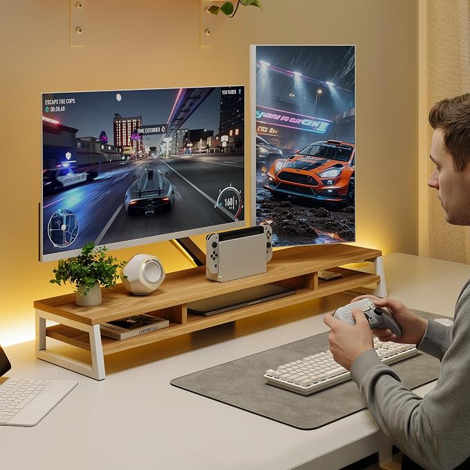 Fenge Dual Monitor Riser for Desk, Open Shelf with 3 Storage Compartments | 42.5in Computer Monitor Stand, 2-Tier Desk Shelf for Top of Desk,One-Piece Panel, fit Ultrawide Monitor, PC, Laptop, Dark Oak