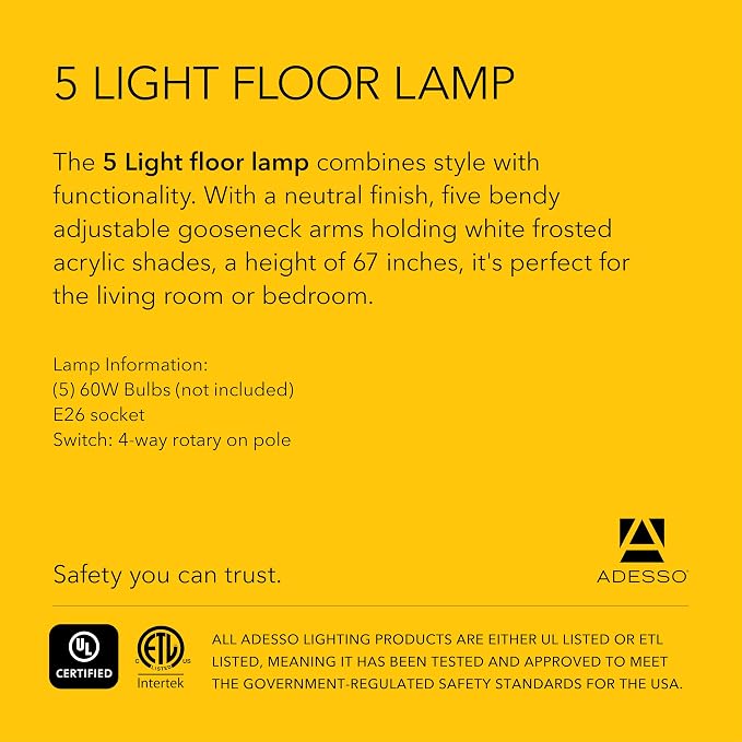 Adesso 5-Light Floor Lamp, Black, Movable Shades, Adjustable, 67”