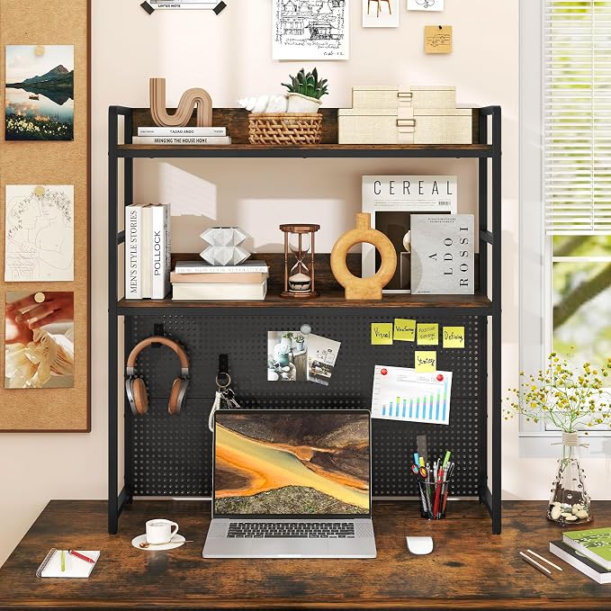 Giantex Desktop Bookshelf, 2-Tier Desk Hutch Dorm with Pegboard for up to 32" Computer Monitor, Industrial Countertop Storage Organizer Rack, Desk Shelf for Home Office, Rustic Brown