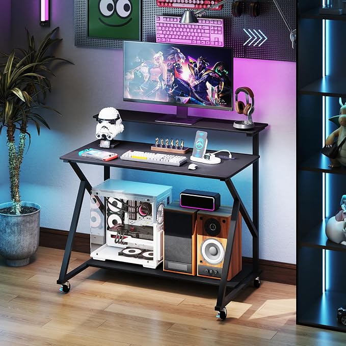 Giantex Rolling Computer Desk with Charging Station, Mobile Portable Laptop Desk with Monitor Stand & Storage Shelf, Small Desk with Lockable Wheels for Small Spaces, Home Office (Black)