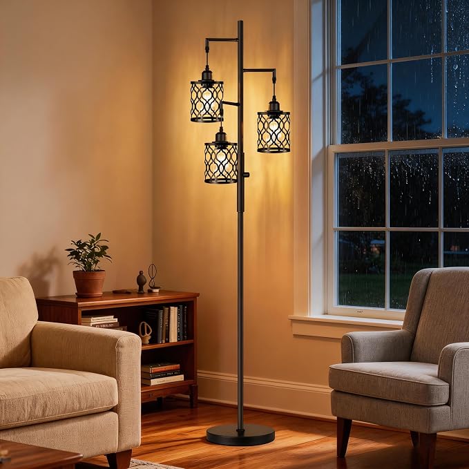 ROTTOGOON Dimmable Farmhouse Floor Lamp, Industrial Floor Lamp for Living Room with 3 X 6W LED Bulbs, 3 Light Rustic Standing Tall Lamp for Bedroom, Office, 68"