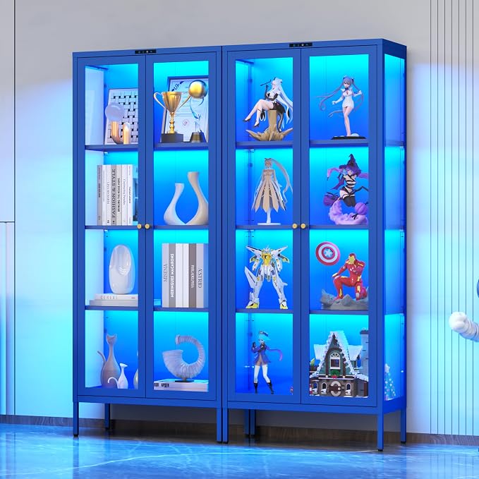 Polup 66" Blue Glass Display Cabinet with 8-Color LED for Collectibles | Metal Frame & Tempered Glass Doors, 3 Adjustable Shelves, Motion Sensor LED,4-Tier Space, for Indoor Plants & Figures