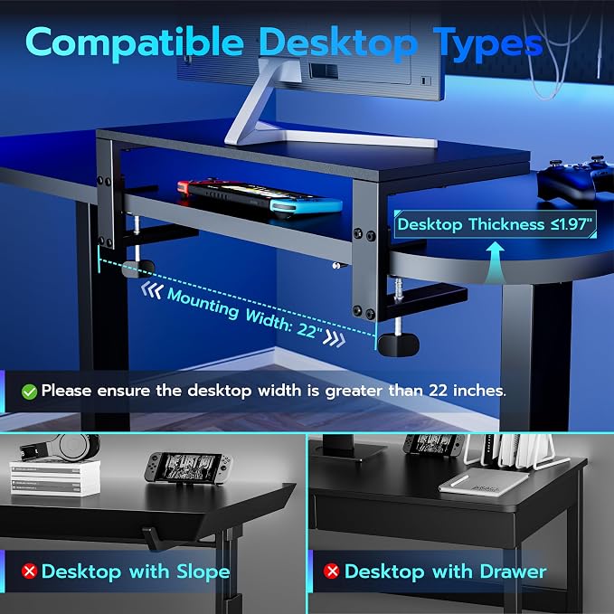 ARES WING Clamp-On 21.7" Desk Extender Shelf, Heavy Duty Desktop Organizer | 21.7"x 9.8" Versatile Clamp on Desk Shelf,For Gaming and Office Accessories, Black
