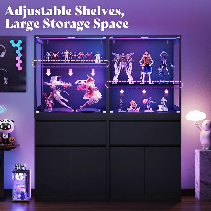 AMERLIFE RGB Display Cabinet, 32 x 16 x 36 Inch | 2-Tier Storage Case with LED Lights, Adjustable Shelves and Press-to-Open Doors, Black