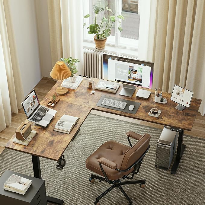 Agilestic 63 x 55 Inch L Shaped Electric Standing Desk, Rustic Brown | Corner Desk, Ample Workspace, Memory Presets, Hooks, Stable Steel Frame,176 lbs Capacity, Easy Assembly, Splice Board