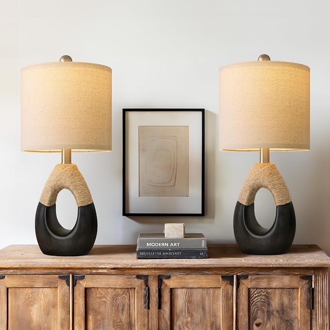 19" Table Lamps Set of 2, Bedside Lamps for Bedroom, Boho Lamps for Living Room, Rustic Lamps for Office, Vintage Design Nightstand Lighting (Bulb Not Included, Black)