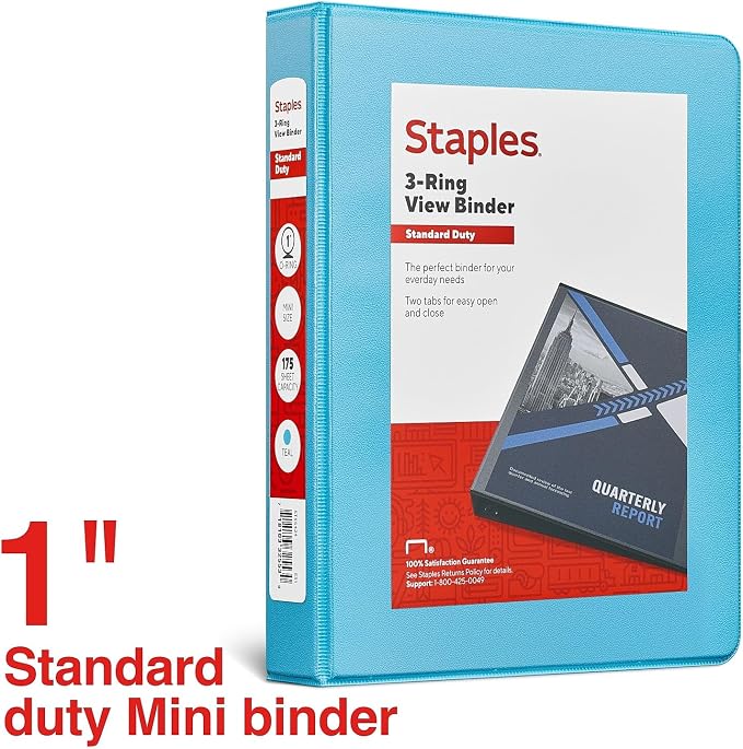 Staples Mini View Binder, 1-Inch 3-Ring, Compact Size, Holds Up to 175 Sheets, Teal, for Notes, School & Projects