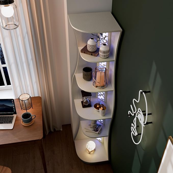 Homes: Inside + Out Connelly Modern 5 Shelf LED Bookcase, Unique Thin Wood Bookshelf with Storage and Remote, Office Shelving,Tall Book Shelf for Bedroom, Living Room and Small Spaces, Cream Weave