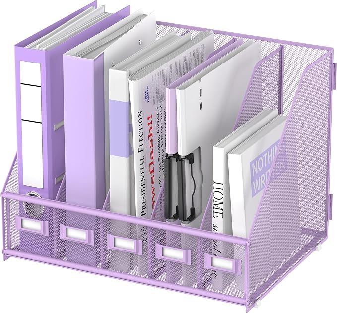 Desk Organizers Metal Desk Magazine File Holder with 5 Vertical Compartments Rack File Organizer for Office Desktop, Classroom, Home Workspace, Purple Plus