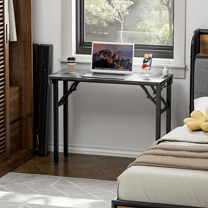 TEMI Small Computer Desk Folding Table - No Assembly, Compact 35.8" Foldable Desk with Power Outlets & USB Charging Port, Portable Small Office Desk, Ideal Mini Study Table, Marble Greige