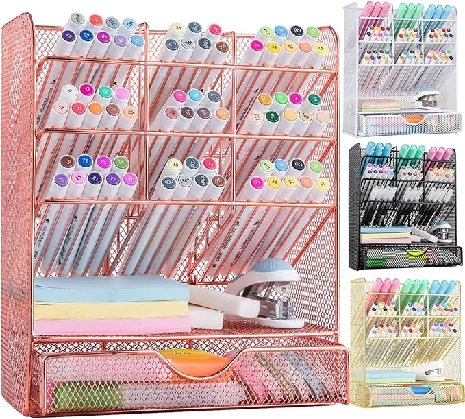 Spacrea Pen Holder Desk Organizer - Desk Organizers and Accessories, Pencil Holder with 10 Compartments and 1 Drawer（Rose Gold）