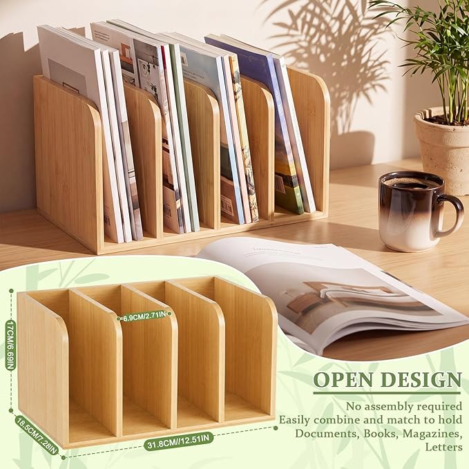 Novabright 4-slot Bamboo Wooden Magazine File Holder Desk Organizer, 4 Vertical Compartments Workspace Sorters for Magazines, Binders, Notebooks, Envelopes