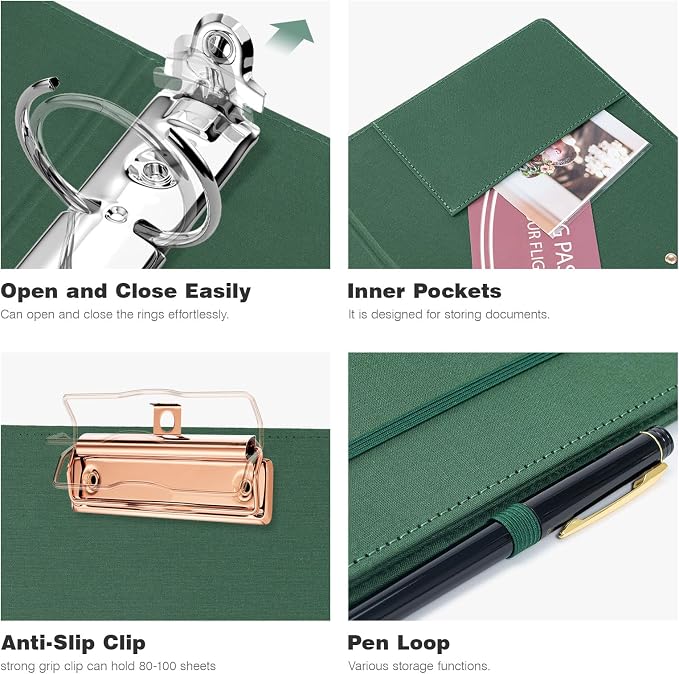Ospelelf Mini 3 Ring Green Binder 2 inch, 5.5 x 8.5 Small Clipboard Binders Dividers with Tabs, Linen Binder Organizer for Office, School