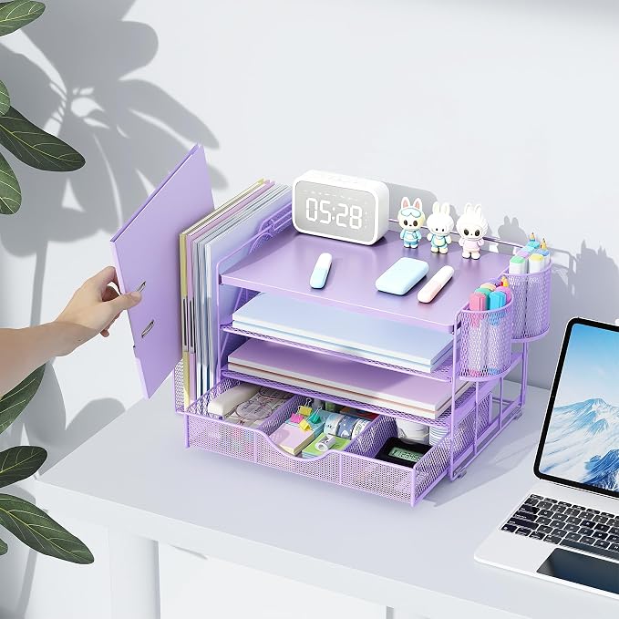 gianotter Wood Desk Organizers and Accessories with File Holder, 4-Tier Desk Accessories & Workspace Organizers with Drawer and 2 Pen Holder, Desk Reference Organizer (Purple, 4T with Metal Drawer)