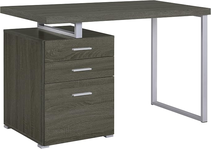Coaster Home Furnishings Brennan Modern Contemporary Home Office 3-Drawer Writing Desk with Drawers Computer Desk Study Table File Cabinet Storage Silver Metal Frame Weathered Grey 800520