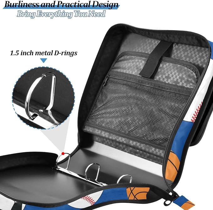 Sports Football Baseball Pattern 3 Ring Zipper Binder with Shoulder Strap & Handle 2 Inch D-Ring Zippered Binder Bag with Multiple Pocket & Pencil Pouch, Binder Organizer for School or Office