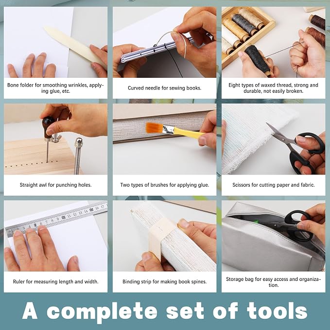 UzecPk Book Binding Kits, Bookbinding Kit 11.8”x7.6” Wooden Book Press | Materials Book Making Kit Bookbinding Supplies with Book Cloth Bone Folder Awl Needles Wax Thread for Bindings Repair