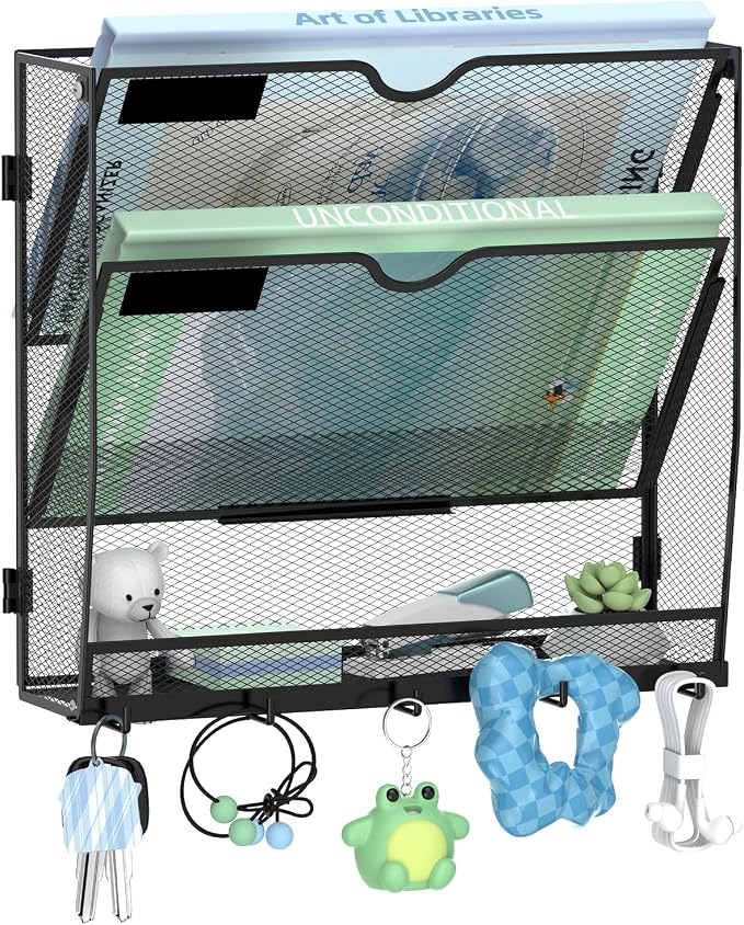 3-Tier Wall File Organizer with 5 Hooks, Wall Mounted Mail Organizer | File Holder Organizer, Metal Mesh Office Wall Organizer for Home, School & Classroom