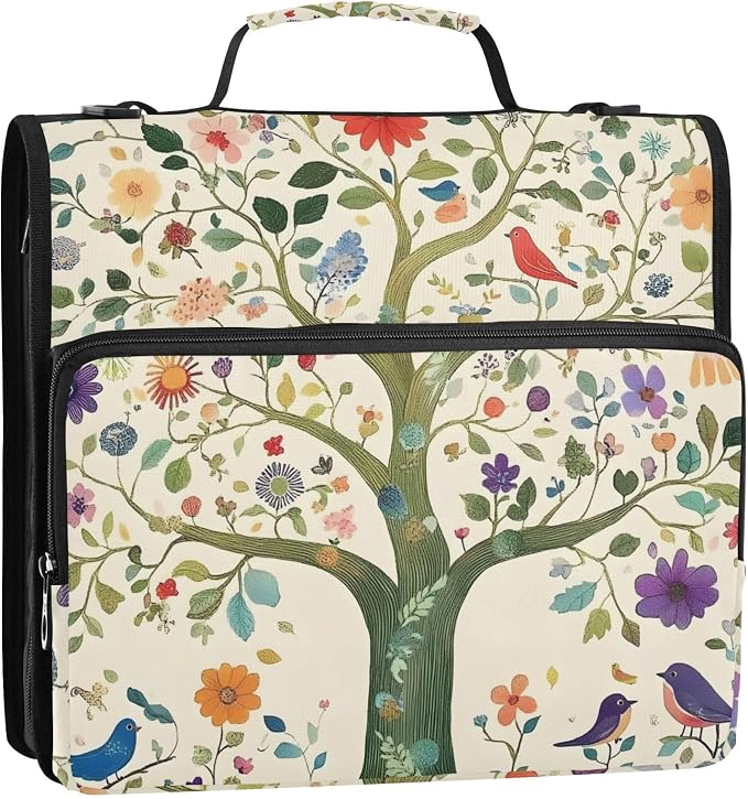 3 Ring Zipper Binder with Shoulder Strap Tree Life Birds Floral 1.5 inch Binders Keeper Large Capacity Multi Pockets for School Office Supplies